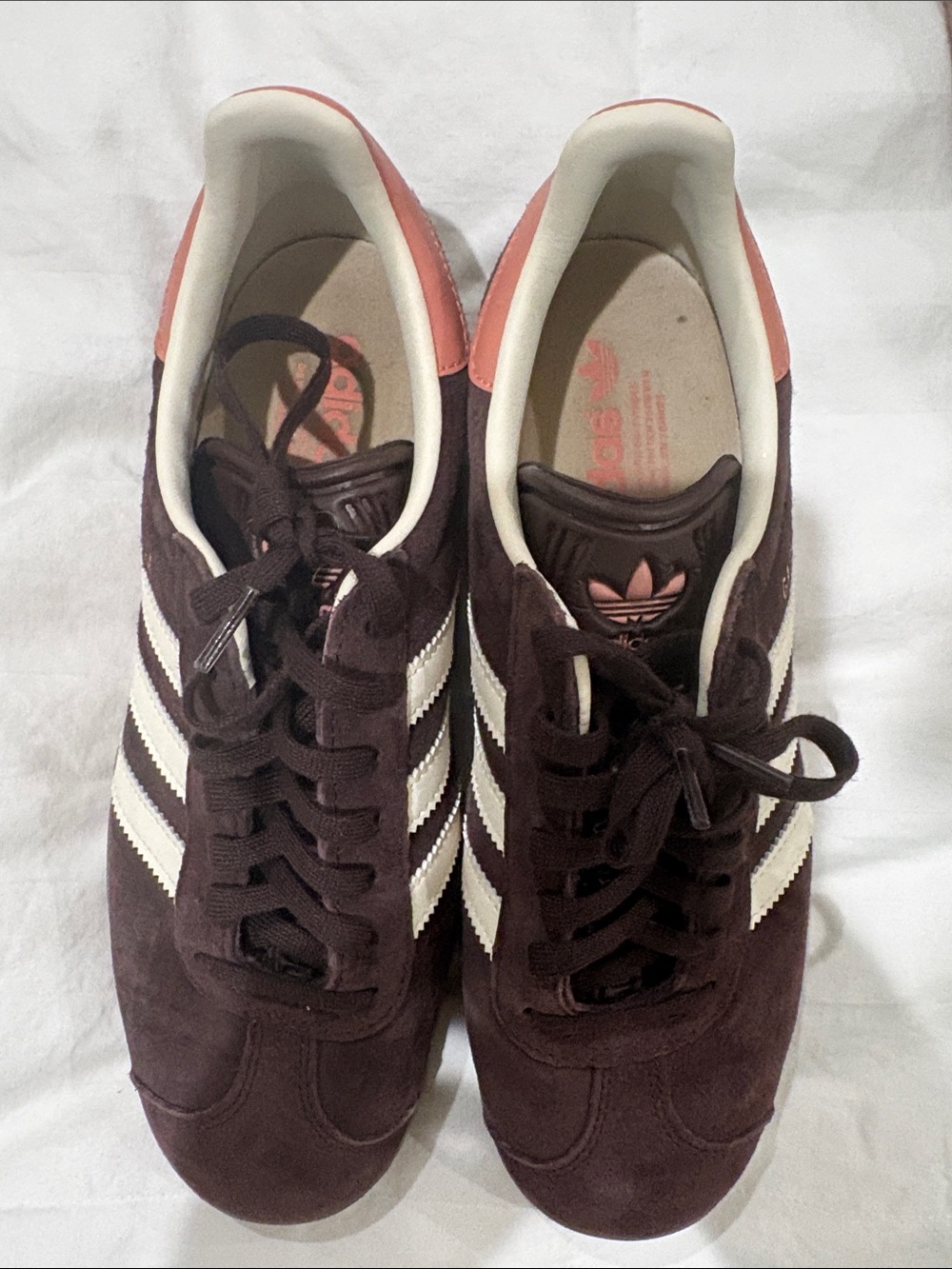 adidas Brown Suede Sneakers with White Stripes and Coral Heel Tab